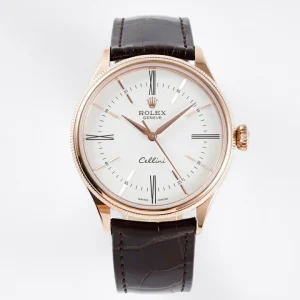 Rolex Replica Cellini Rose-Gold Case Number/Stick Markers With White Dial Black Leather Strap