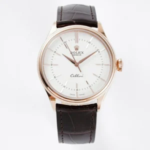 Rolex Replica Cellini Rose-Gold Case Number/Stick Markers With White Dial Black Leather Strap