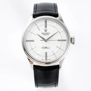 Replica Rolex Cellini Silver Case Number/Stick Markers With White Dial Black Leather Strap