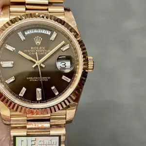 Replica Rolex Day-Date 40 Rose Gold Chocolate Baguette Diamond Dial 228235