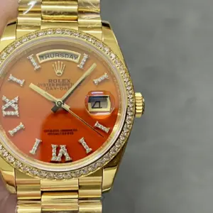 Replica Rolex Day-Date 36 President Yellow Gold Carnelian Orange Dial Diamond Bezel 128