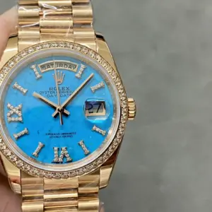 Replica Rolex Day-Date 36 President gold Turquoise "Tiffany" Dial Baguette Diamond Bezel
