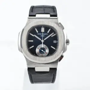 Replica Patek Philippe Nautilus 5980 Chronograph - Blue Dial With Black Leather Strap