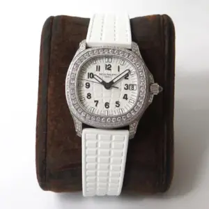 Replica Patek Philippe Aquanaut with Diamonds Encrusted Casing-White Dial and Strap