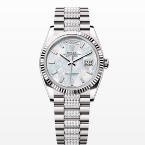 Replica Rolex Day-Date White MOP Dial Fluted Bezel Diamond Bracelet 36MM Watch